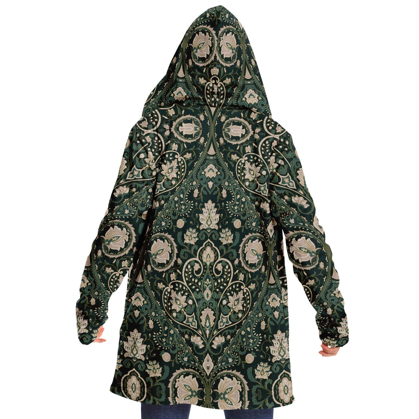 Green Persian Carpet Cuddle Cloak | Unisex Minky Sherpa Lined Coat with Hood, Zipper and Pockets | Women and Mens Festival Coat | Mountain Fashion