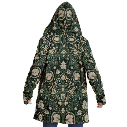 Green Persian Carpet Cuddle Cloak | Unisex Minky Sherpa Lined Coat with Hood, Zipper and Pockets | Women and Mens Festival Coat | Mountain Fashion