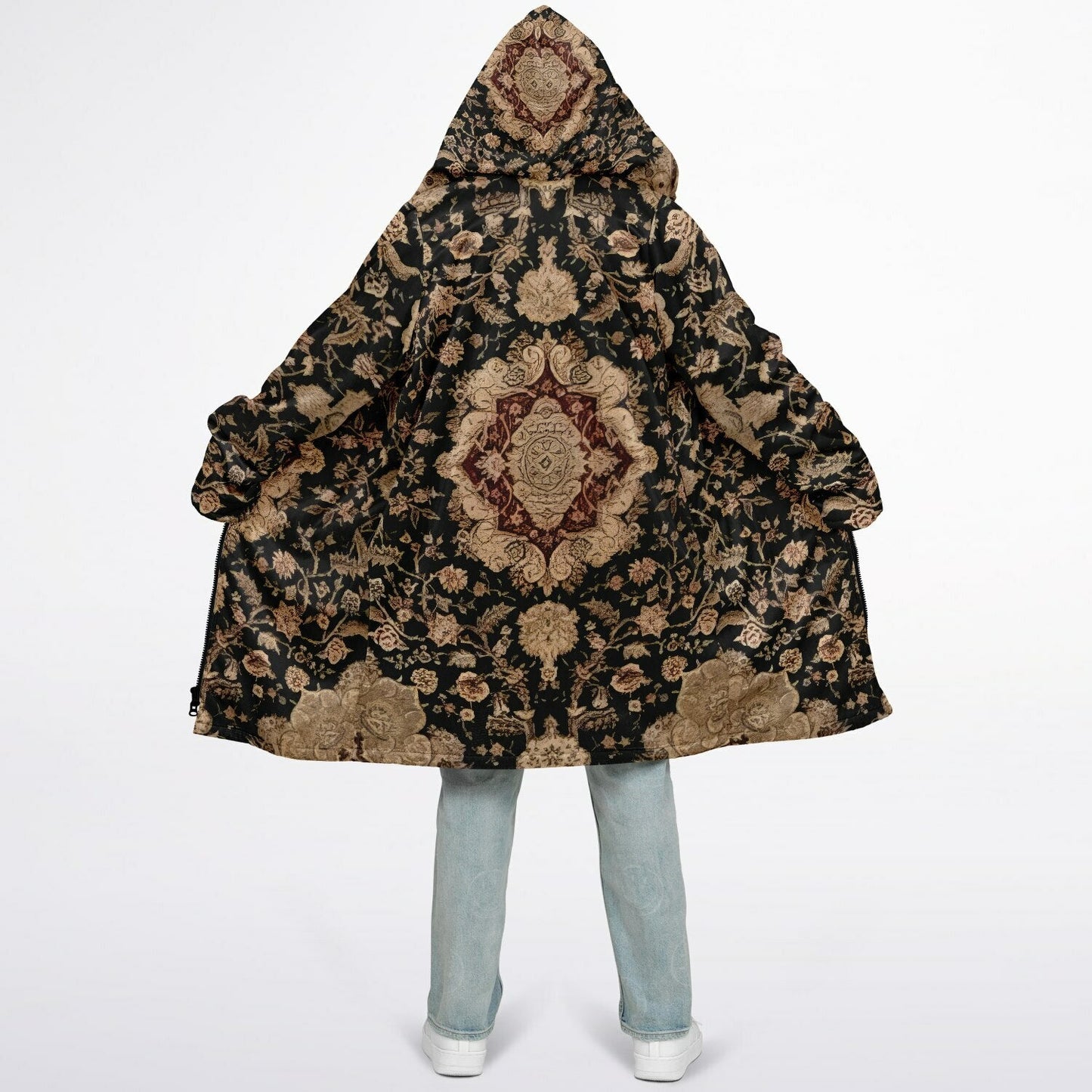 Black and Brown Persian Carpet Cuddle Coat | Unisex Minky Sherpa Lined Coat with Hood, Zipper and Pockets | Women and Mens Festival Coat | Mountain Fashion