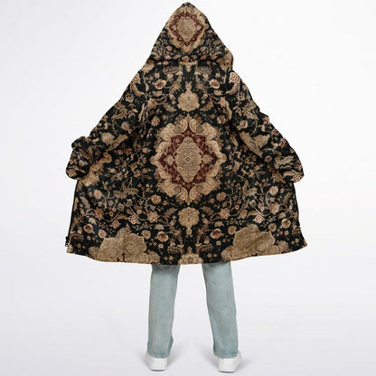Black and Brown Persian Carpet Cuddle Coat | Unisex Minky Sherpa Lined Coat with Hood, Zipper and Pockets | Women and Mens Festival Coat | Mountain Fashion