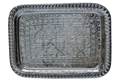 13.3 Inch Rectangular Moroccan Handmade Serving Tea Tray Silver Plated Brass Handcrafted Plate in Fez Morocco