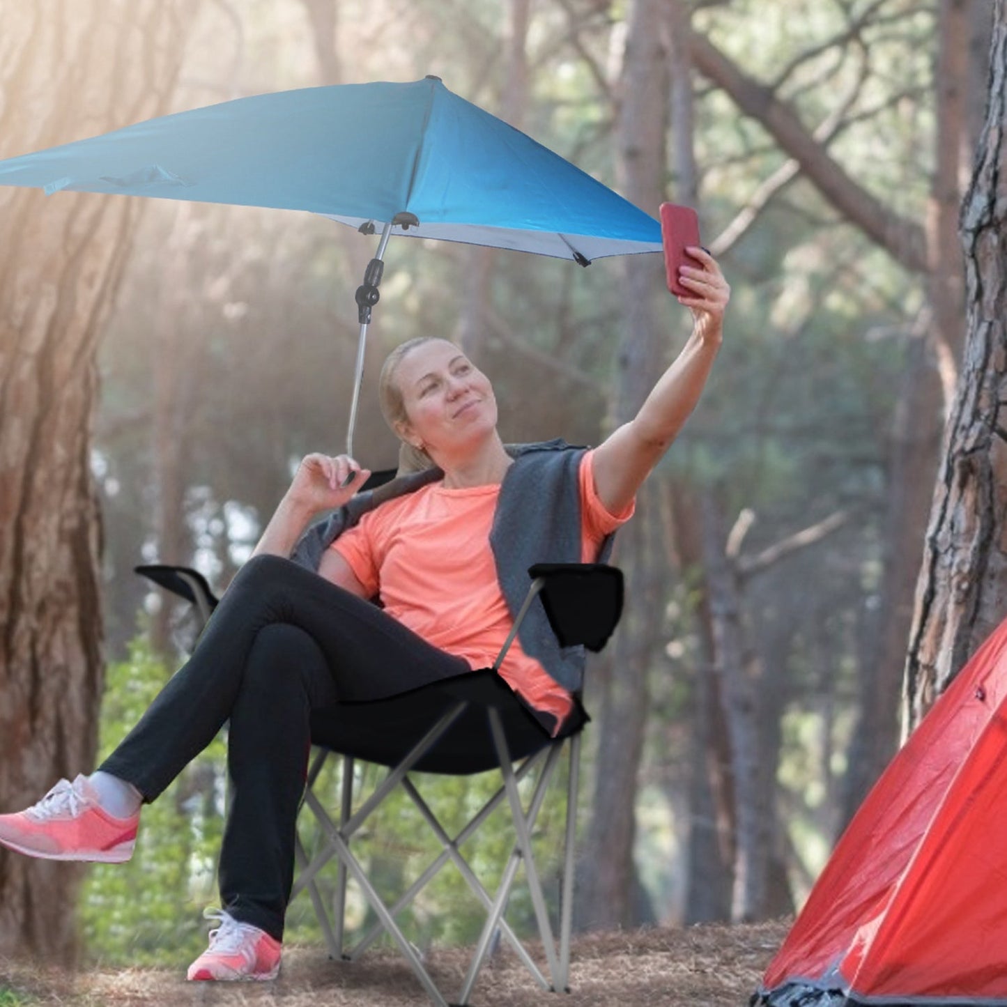Foldable Beach Chair with Detachable Umbrella Armrest Adjustable Canopy Stool with Cup Holder Carry Bag for Camping Poolside Travel Picnic Lawn Chair