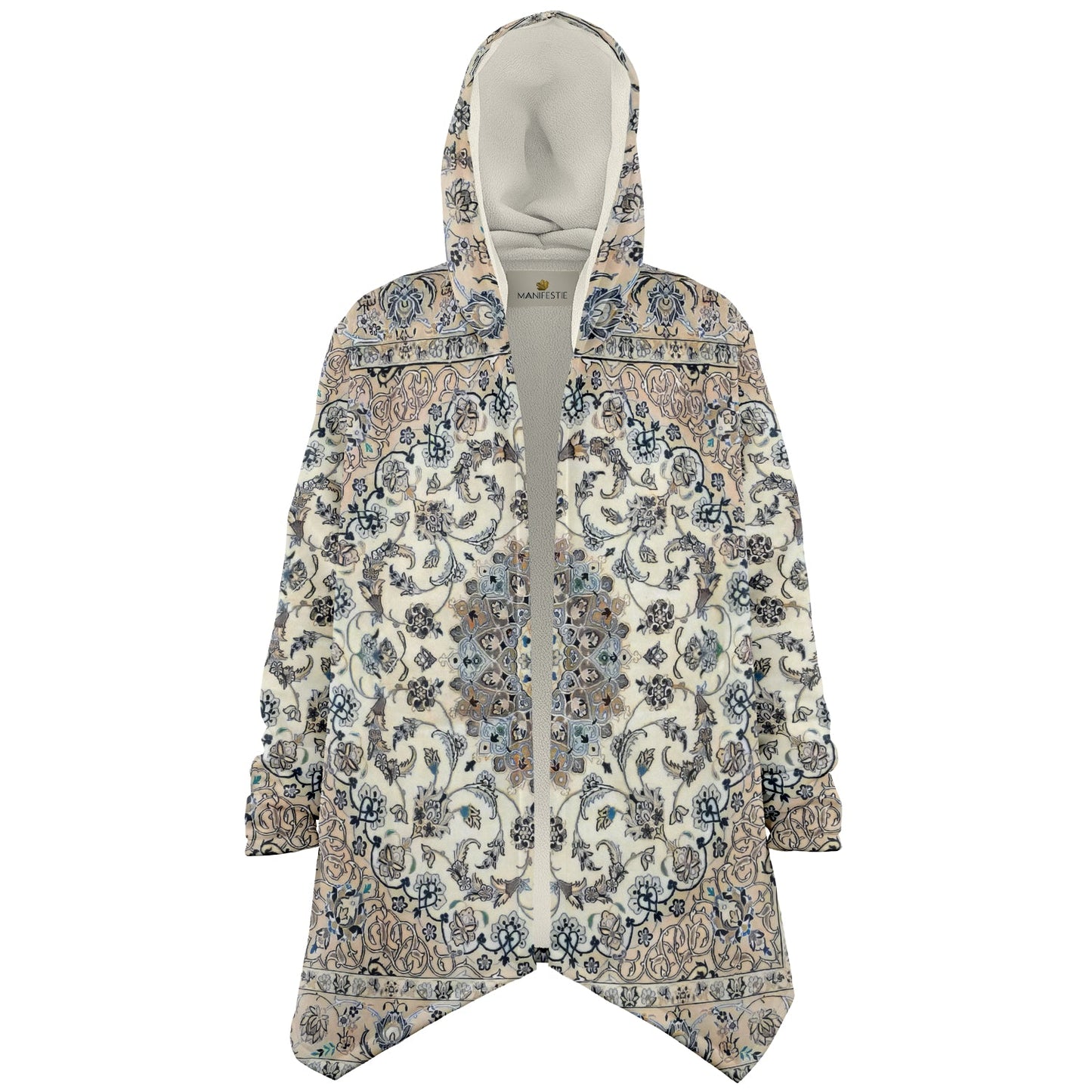 Classic Persian Carpet Cuddle Cloak | Nain, Cream and Soft Blue | Unisex Minky Sherpa Hooded Coat | Women and Mens Festival Coat | Mountain Fashion