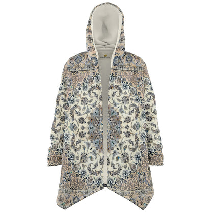 Classic Persian Carpet Cuddle Cloak | Nain, Cream and Soft Blue | Unisex Minky Sherpa Hooded Coat | Women and Mens Festival Coat | Mountain Fashion