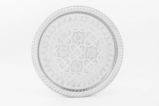 14.1 Inch Moroccan Handmade Serving Tea Tray Silver Plated Brass Handcrafted Plate in Fez Morocco