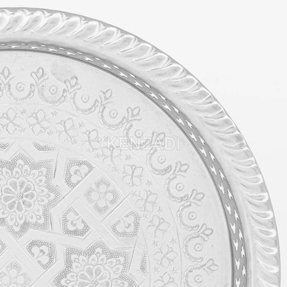 14.1 Inch Moroccan Handmade Serving Tea Tray Silver Plated Brass Handcrafted Plate in Fez Morocco
