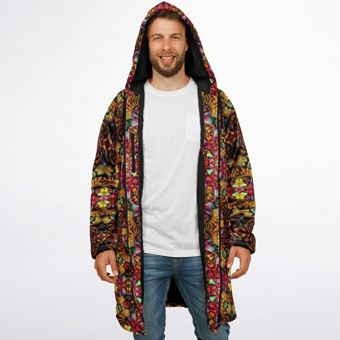 Fractal Glass Cuddle Coat | Unisex Minky Sherpa Lined Coat with Hood, Zipper and Pockets | Women and Mens Festival Coat | Mountain Fashion