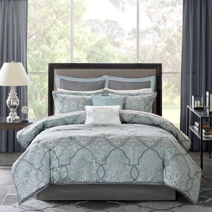 12 Piece Comforter Set with Cotton Bed Sheets Blue King