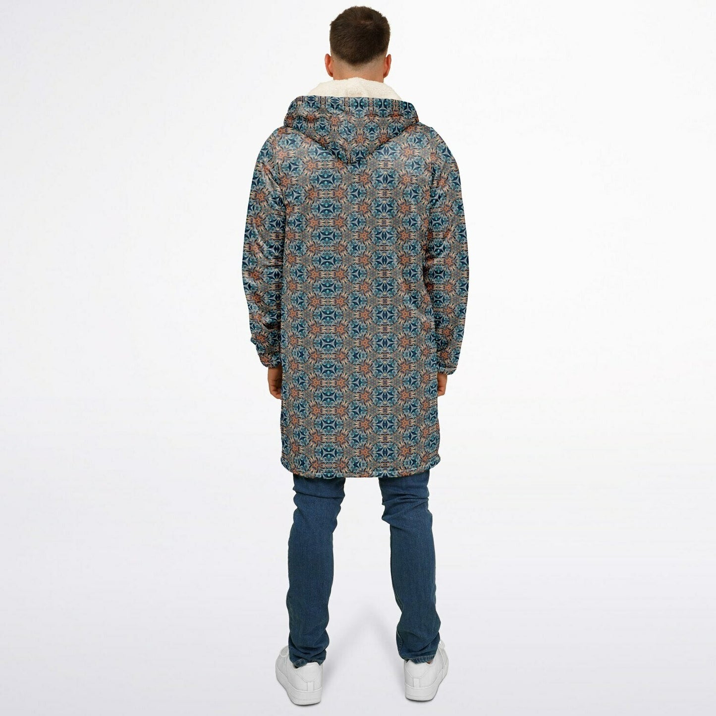 Mystic Mirror Cuddle Coat | Orang, Blue Face | Unisex Minky Sherpa Lined Coat with Hood, Zipper and Pockets | Women and Mens Festival Coat | Mountain Fashion