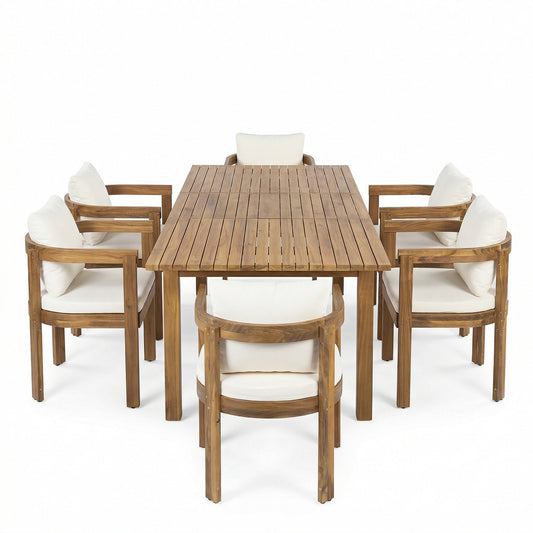 7 Pieces Acacia Wood Outdoor Dining Set with Cream Cushions