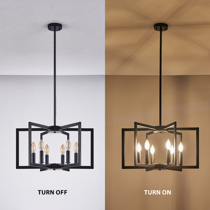 22' Modern Black Geometric 6-Light Chandelier – Industrial Metal Pendant Light Fixture for Living Room, Dining Room, or Kitchen (Bulb Not Included)