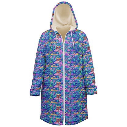 Psychedelic Mushrooms Cuddle Coat | Unisex Minky Sherpa Lined Coat with Hood, Zipper and Pockets | Women and Mens Festival Coat | Mountain Fashion