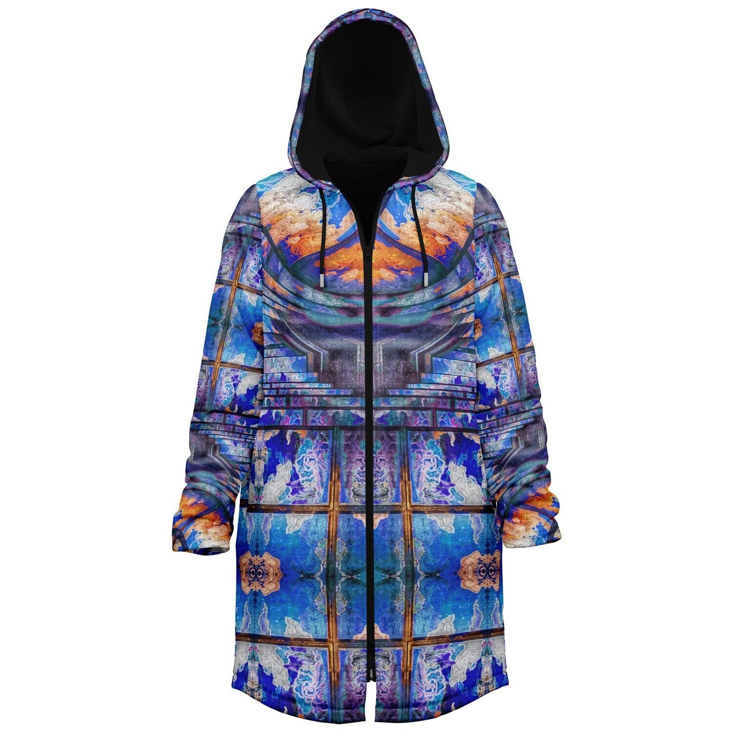 Transcendence Cuddle Coat | Unisex Minky Sherpa Lined Coat with Hood, Zipper and Pockets | Women and Mens Festival Coat | Mountain Fashion