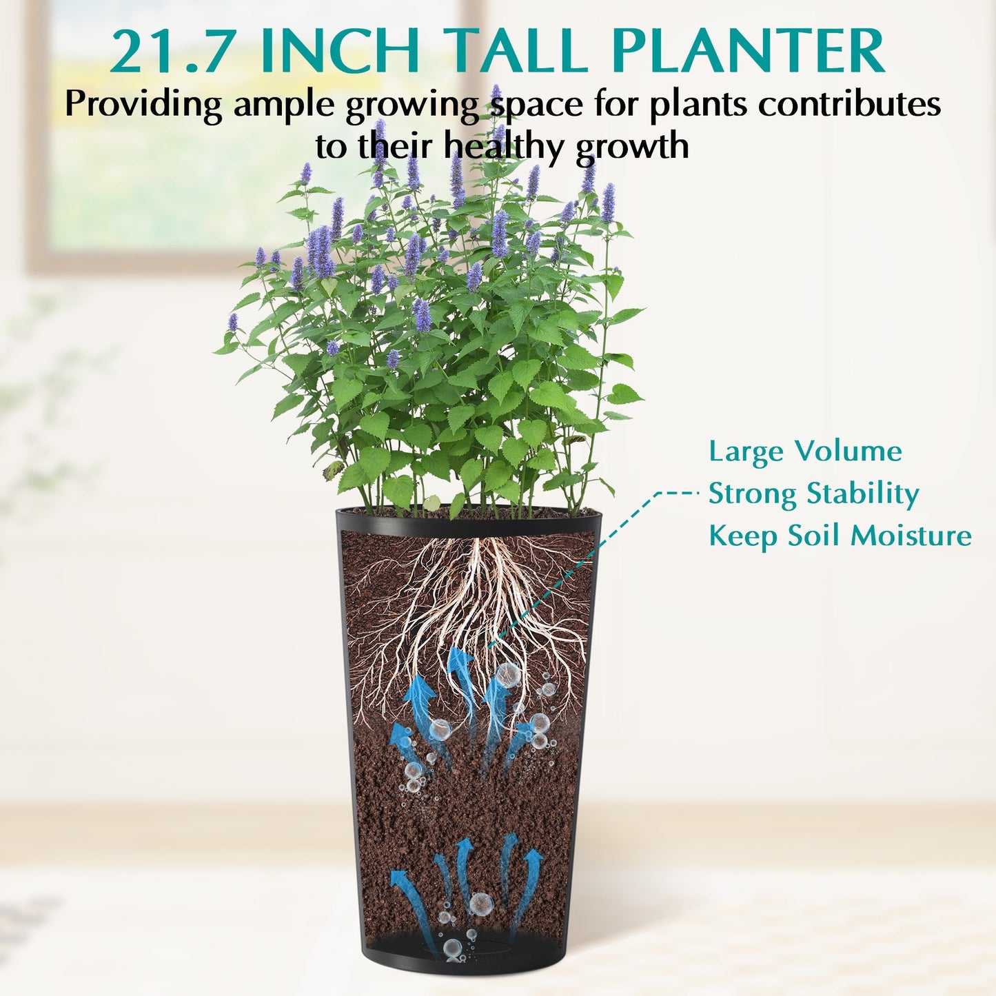 2 Pack Tall 21.7 in Modern Square Planters for Indoor and Outdoor Use
