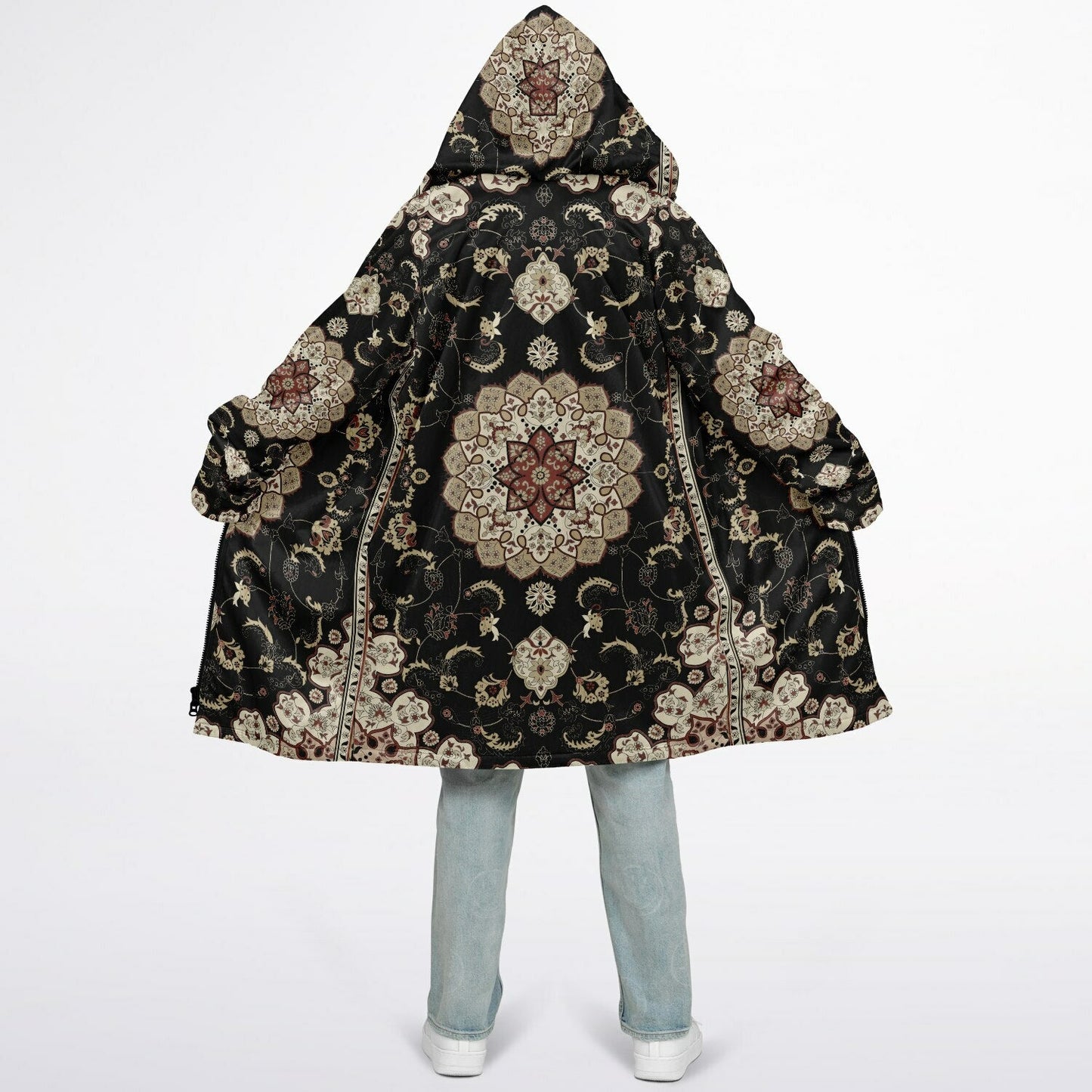Classic Black Persian Carpet Cuddle Coat | Unisex Minky Sherpa Lined Coat with Hood, Zipper and Pockets | Women and Mens Festival Coat | Mountain Fashion