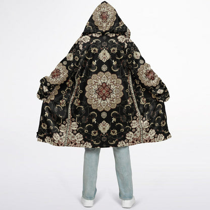 Classic Black Persian Carpet Cuddle Coat | Unisex Minky Sherpa Lined Coat with Hood, Zipper and Pockets | Women and Mens Festival Coat | Mountain Fashion