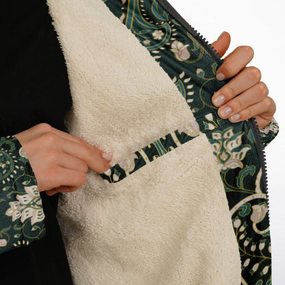 Green Persian Carpet Cuddle Coat | Unisex Minky Sherpa Lined Coat with Hood, Zipper and Pockets | Women and Mens Festival Coat | Mountain Fashion