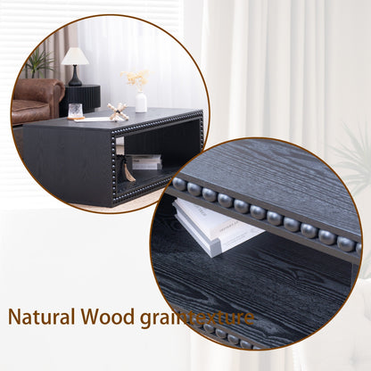 Black Beaded Edge Coffee Table – 47.6' Rectangular Center Table with Open Storage Shelf