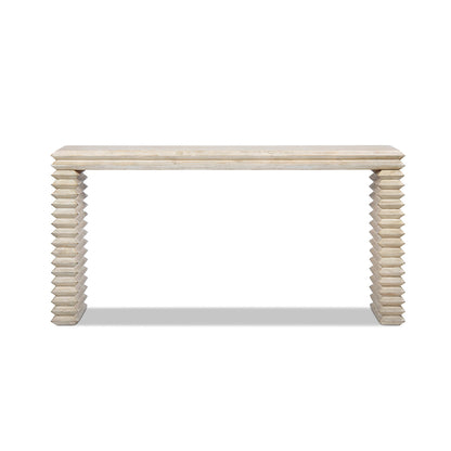 Veda 63' Reclaimed Wood Stacked Geometric Waterfall Console Table, Whitewashed Natural Reclaimed Pine Wood
