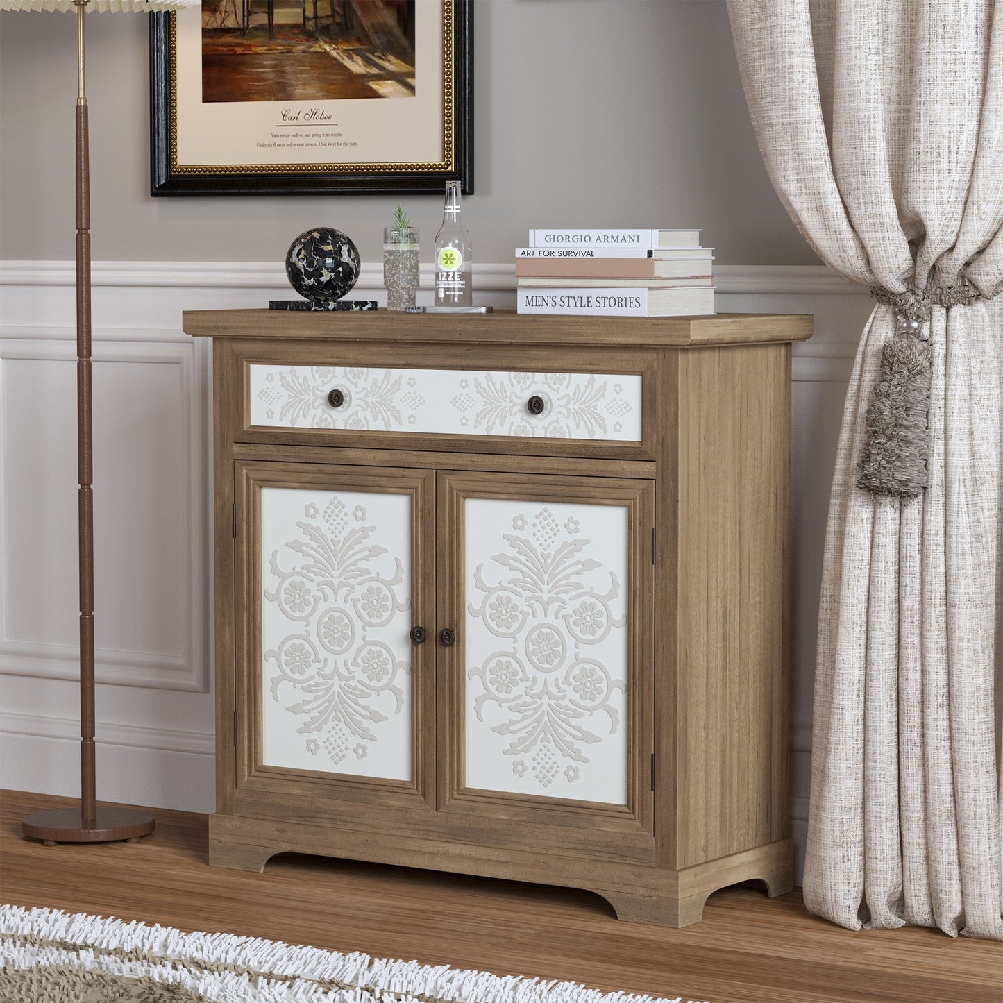 Rustic Vintage Accent Cabinet with Carved Floral Panels