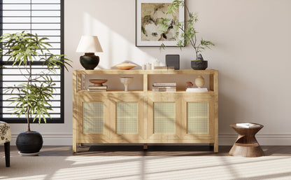 Bohemian Style Rattan Buffet Storage Cabinet with Solid Wood Frame