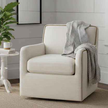 Tolland Swivel Accent Chair With Antique Brass Nailhead Trim - Cream