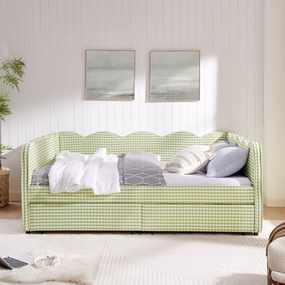 Queen Size Cozy Gingham Daybed with Two Storage Drawers and USB Port