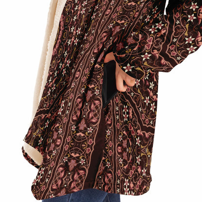 Raspberry Chocolate Persian Carpet Cuddle Cloak | Unisex Minky Sherpa Hooded Coat | Women and Mens Festival Coat | Mountain Fashion