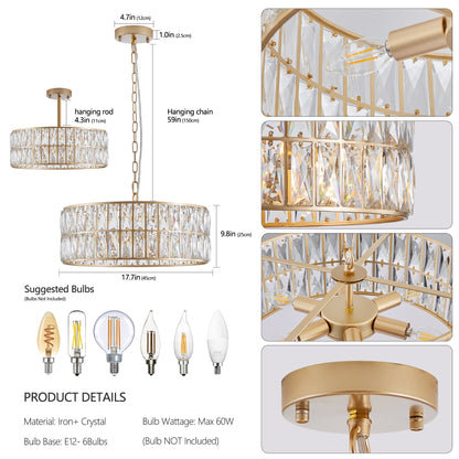 18' Golden Modern Crystal Drum Chandelier - 6-Light Pendant Lighting