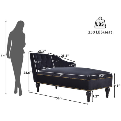 58" Velvet Chaise Lounge with Nailhead Trim and Solid Wood Legs