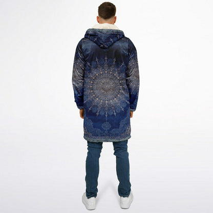 Radial Blue Persian Carpet Cuddle Coat | Unisex Minky Sherpa Lined Coat with Hood, Zipper and Pockets | Women and Mens Festival Coat | Mountain Fashion