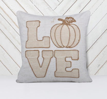 Embroidered Pumpkin “LOVE” Accent Pillow – Rustic Beige Fall Decor