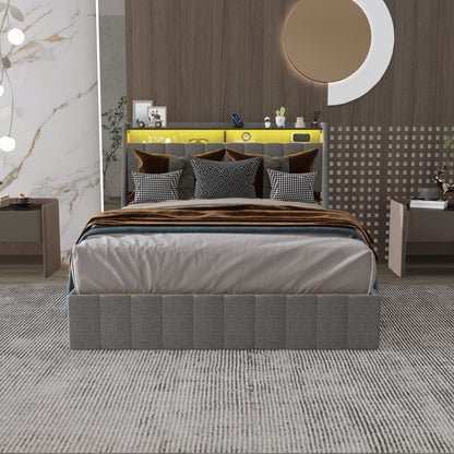 Bed With LED Lights, 4 Drawers, Winged Headboard Upholstered