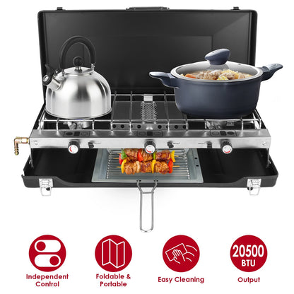 3 Burner Camping Stove 20000 BTU Portable Foldable Propane Stove With Toast Tray Windshield Portable Handle Outdoor Cooking Gas Stove For RV Camping B