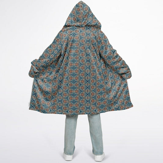 Mystic Mirror Cuddle Coat | Orang, Blue Face | Unisex Minky Sherpa Lined Coat with Hood, Zipper and Pockets | Women and Mens Festival Coat | Mountain Fashion