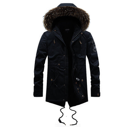 Men's Mid-length Cotton Coat With Big Fur Collar