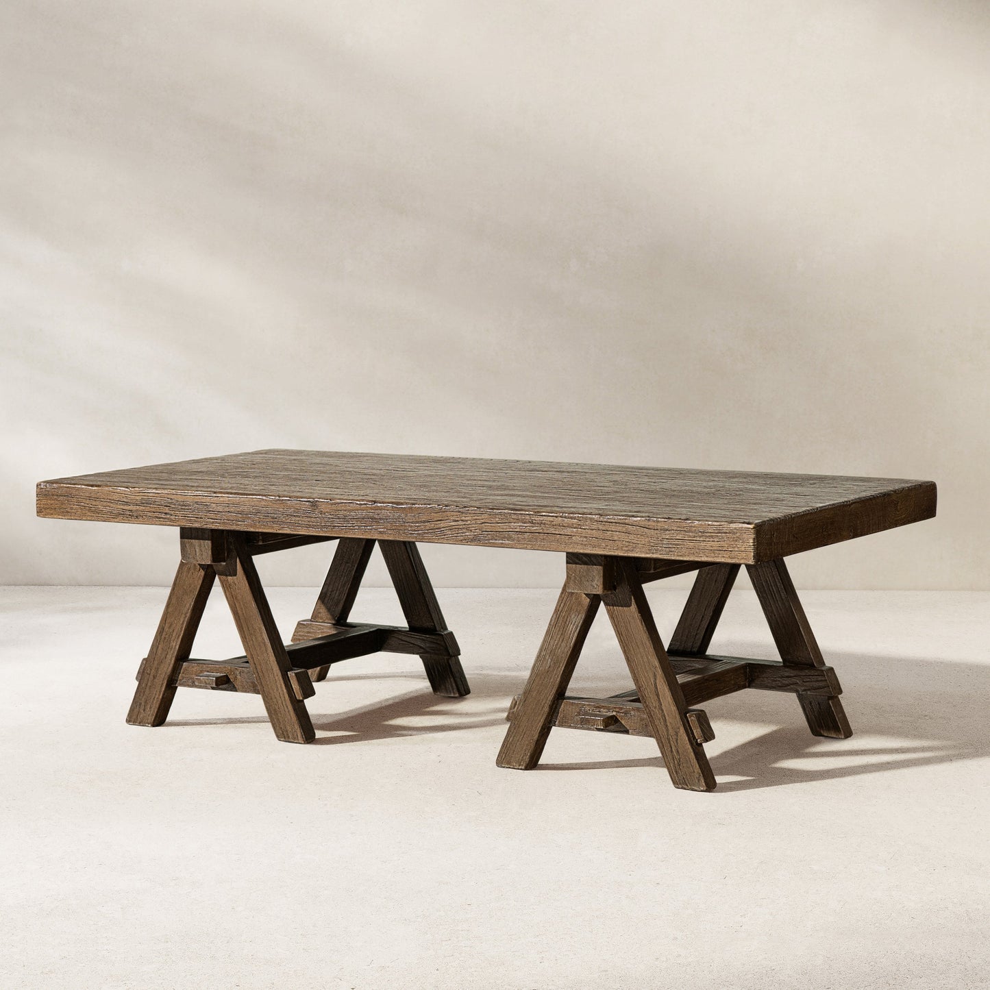 Hawthorne 48' Solid Reclaimed Elm Rectangular Trestle Coffee Table, Heritage Medium-Dark Brown