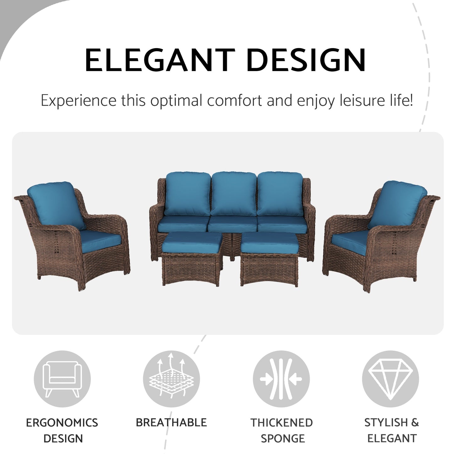 Patio Furniture Set Rattan Outdoor Sectional Conversation Sets 5-Piece Peacock Blue