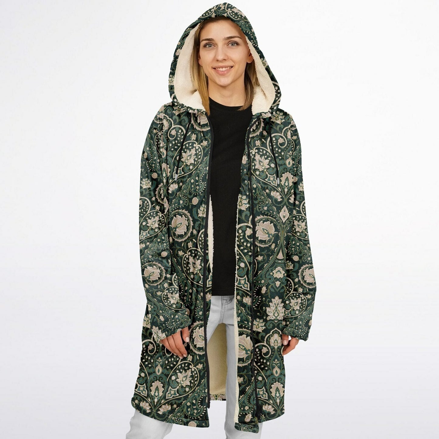Green Persian Carpet Cuddle Coat | Unisex Minky Sherpa Lined Coat with Hood, Zipper and Pockets | Women and Mens Festival Coat | Mountain Fashion