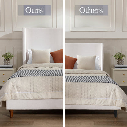 Hayden King Size Upholstered Wingback Bed with Textured Ivory Canvas and Tall 54' Headboard