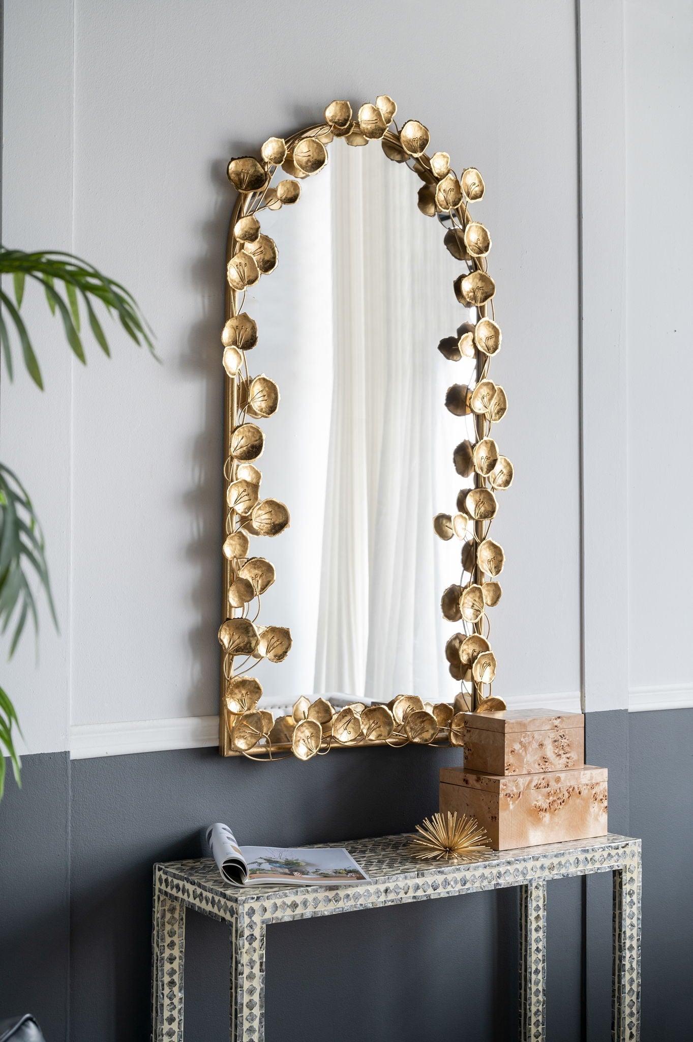 Full Length Arched Wall Mirror With Gold Leaf Accents