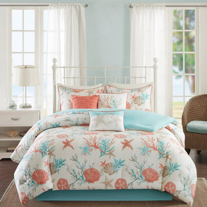 7 Piece Cotton Sateen Comforter Set Coral California King
