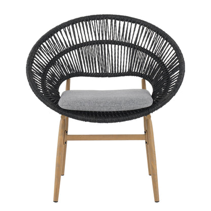 Cyril Outdoor Wicker Papasan Style Dining Chair with Teak Finished Leg and Dark Gray Faux Rattan - Set of 2