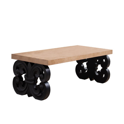 Black Scroll Base Coffee Table – 47" Rectangular Wood Living Room Table