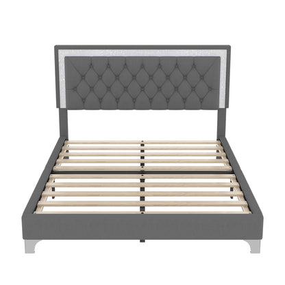 3-Pieces Bedroom Set, Queen Size Upholstered Platform Bed with LED Lights and Two Nightstands - Gray