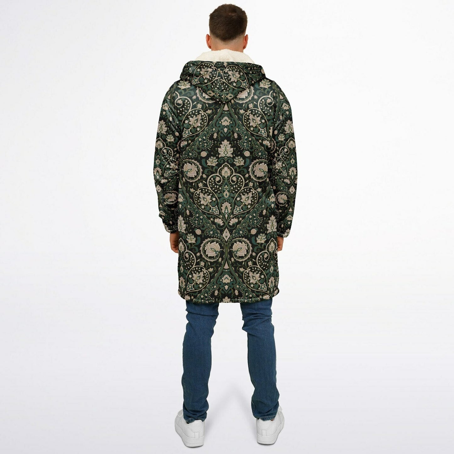 Green Persian Carpet Cuddle Coat | Unisex Minky Sherpa Lined Coat with Hood, Zipper and Pockets | Women and Mens Festival Coat | Mountain Fashion