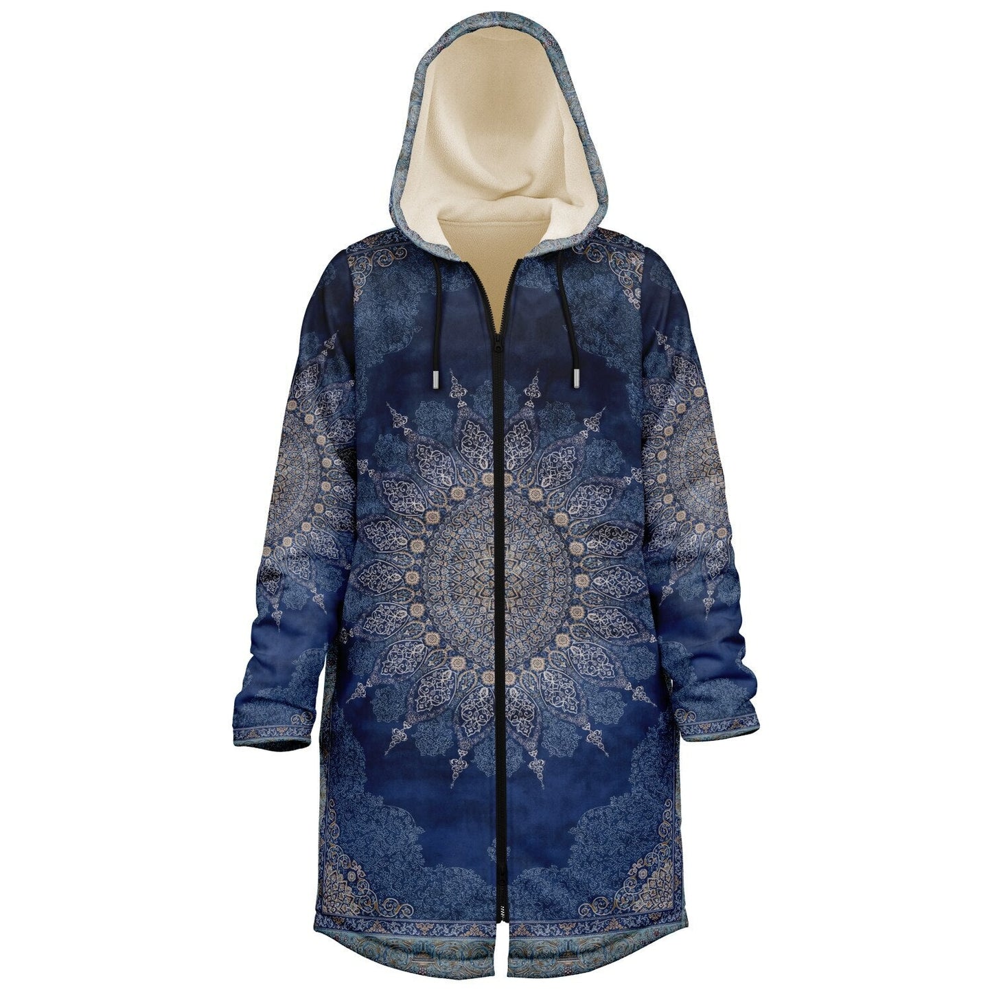 Radial Blue Persian Carpet Cuddle Coat | Unisex Minky Sherpa Lined Coat with Hood, Zipper and Pockets | Women and Mens Festival Coat | Mountain Fashion