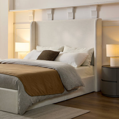 Caron Upholstered Wingback Bed with 52.3' High Headboard in Ivory Canvas Chenille