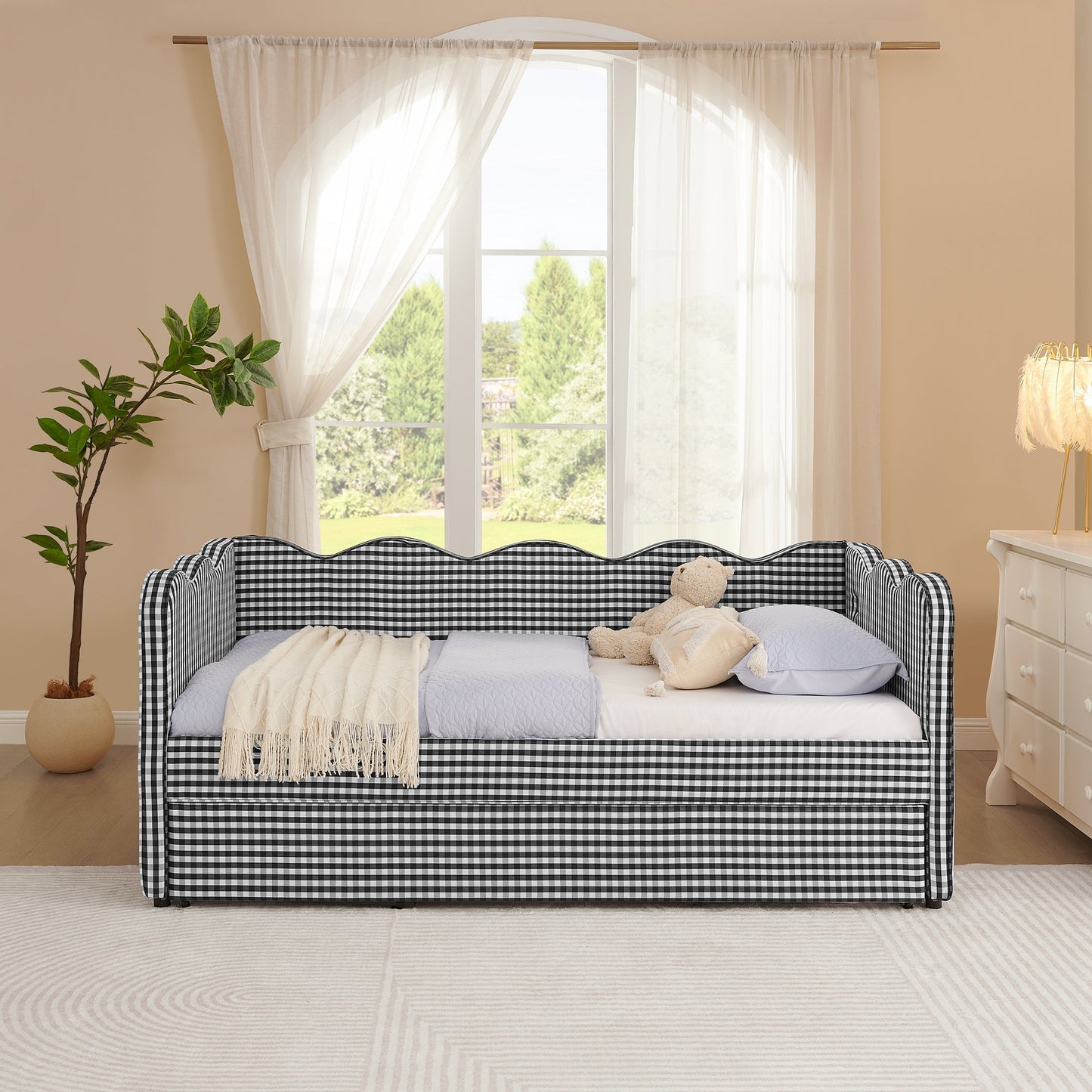 Cozy Gingham Daybed with Trundle Twin Size Sofa Bed