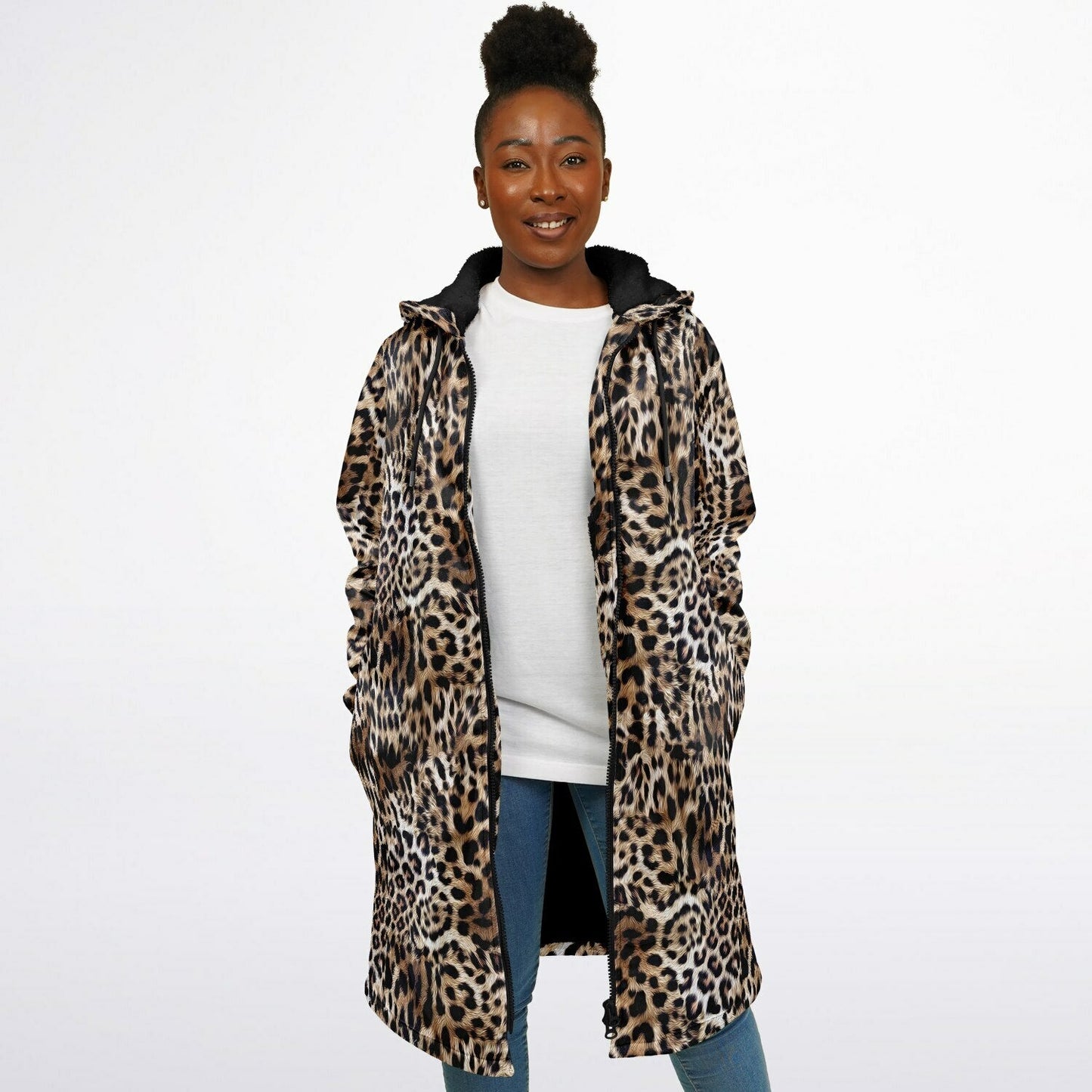 Leopard Print Cuddle Coat | Unisex Minky Sherpa Lined Coat with Hood, Zipper and Pockets | Women and Mens Festival Coat | Mountain Fashion